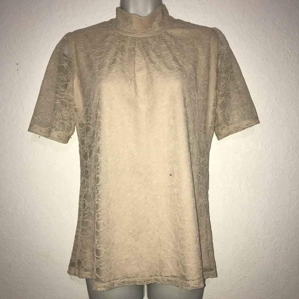 Shannon Ford Mock Neck Short Sleeve Lace Top M *